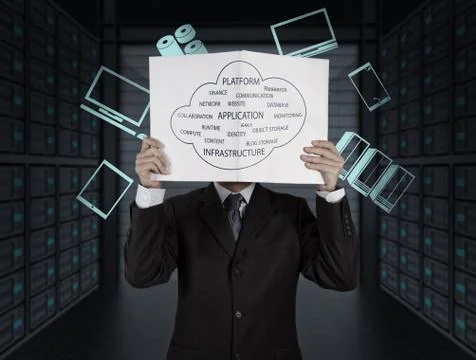 Businessman working with a cloud computing diagram on the new computer interf Illustrazione stock