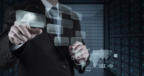 Businessman working with a cloud computing diagram on the new computer interf 스톡 일러스트