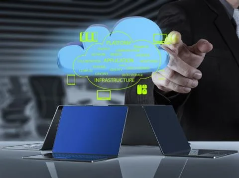 Businessman working with a cloud computing diagram on the new computer interf イラスト素材