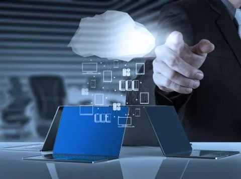 Businessman working with a cloud computing diagram on the new computer interf Stock-Illustration