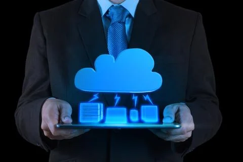 Businessman working with a cloud computing diagram on the new computer interf Illustrazione stock