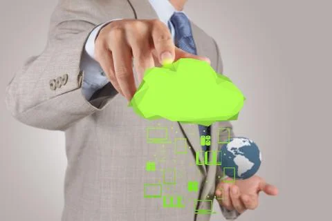 Businessman working with a cloud computing diagram on the new computer interf 스톡 일러스트