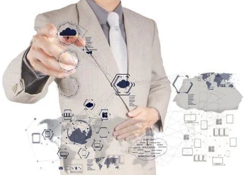 Businessman working with a cloud computing diagram on the new computer interf Stock Illustration