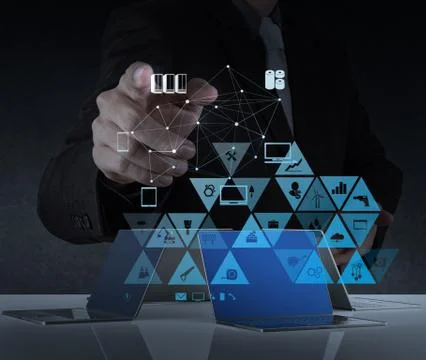 Businessman working with a cloud computing diagram on the new computer interf 스톡 일러스트