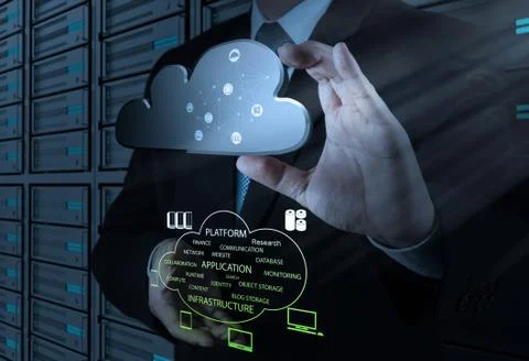 Businessman working with a cloud computing diagram on the new computer interf Illustration