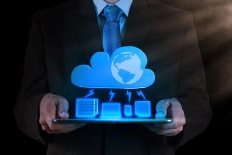 Businessman working with a cloud computing diagram on the new computer interf Иллюстрация