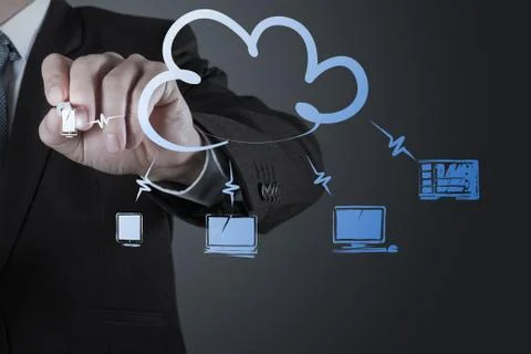 Businessman working with a cloud computing diagram on the new computer interf Stock Illustration