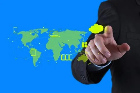 Businessman working with a cloud computing diagram on the new computer interf 스톡 일러스트