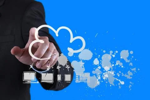 Businessman working with a cloud computing diagram on the new computer interf Illustrazione stock