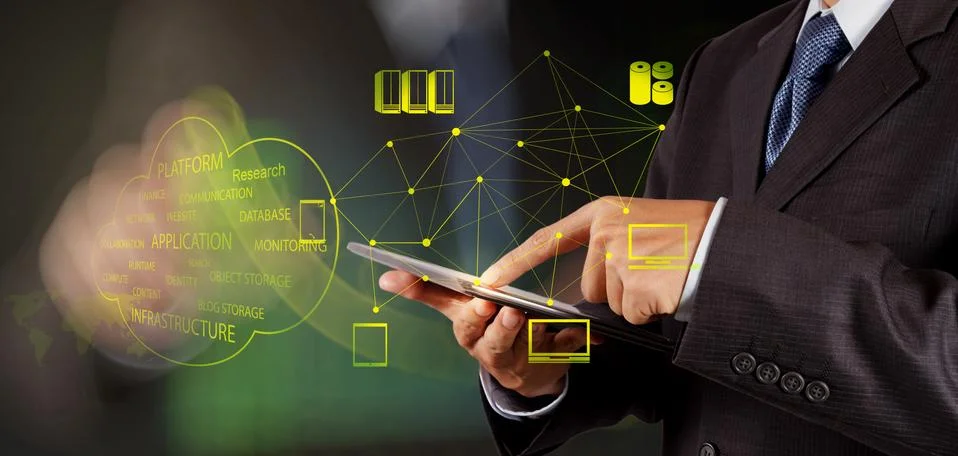 Businessman working with a cloud computing diagram on the new computer interf イラスト素材