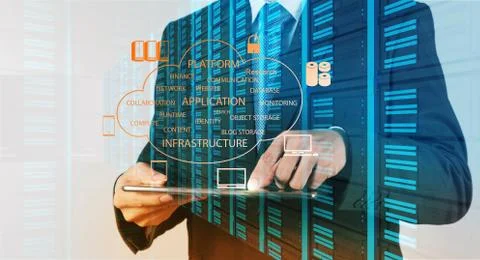 Businessman working with a cloud computing diagram on the new computer interf Illustrazione stock