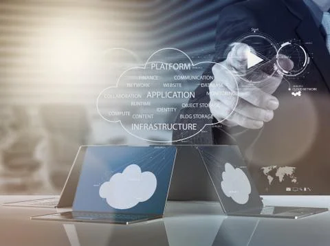 Businessman working with a cloud computing diagram on the new computer interf 스톡 일러스트