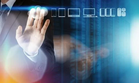 Businessman working with a cloud computing diagram on the new computer interf 스톡 일러스트