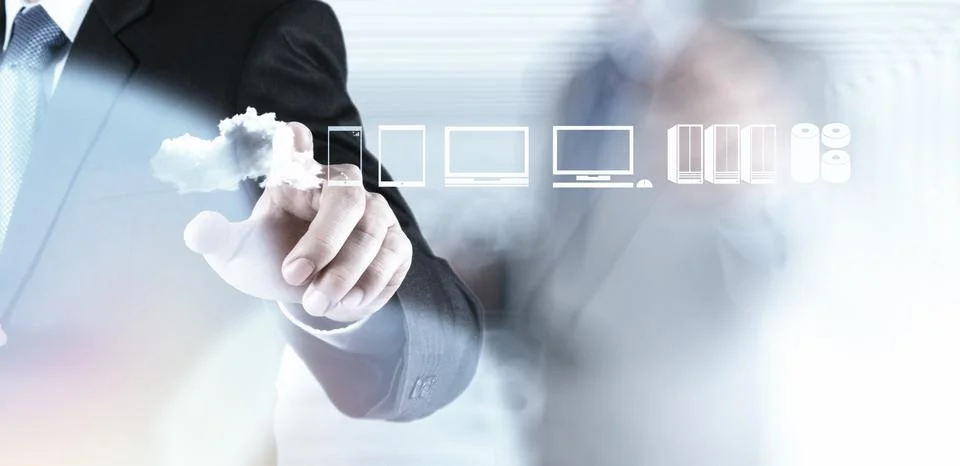 Businessman working with a cloud computing diagram on the new computer interf 스톡 일러스트
