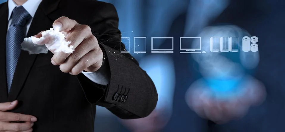 Businessman working with a cloud computing diagram on the new computer interf Stock Illustration