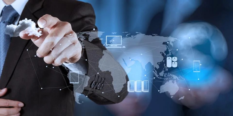 Businessman working with a cloud computing diagram on the new computer interf Иллюстрация