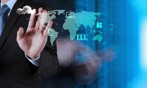 Businessman working with a cloud computing diagram on the new computer interf 스톡 일러스트