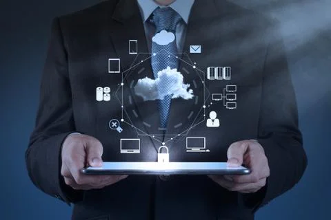 Businessman working with a cloud computing diagram on the new computer interf 스톡 일러스트
