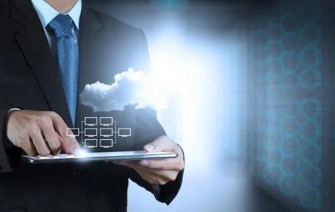 Businessman working with a cloud computing diagram on the new computer interf イラスト素材