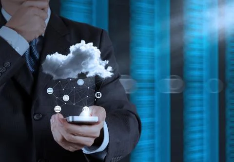 Businessman working with a cloud computing diagram on the new computer interf イラスト素材