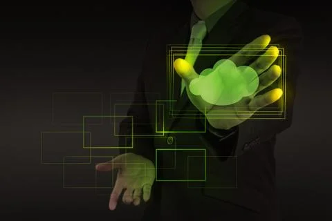 Businessman working with a cloud computing diagram on the new computer interf Illustrazione stock