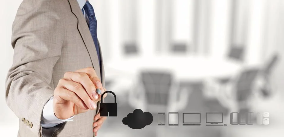 Businessman working with a cloud computing diagram on the new computer interf Illustrazione stock