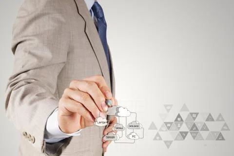 Businessman working with a cloud computing diagram on the new computer interf Stock Illustration