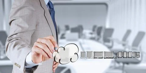 Businessman working with a cloud computing diagram on the new computer interf Illustrazione stock