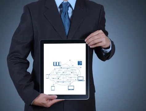 Businessman working with a cloud computing diagram on the new computer interf Stock Illustration