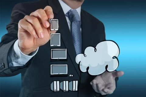 Businessman working with a cloud computing diagram on the new computer interf Stock Illustration