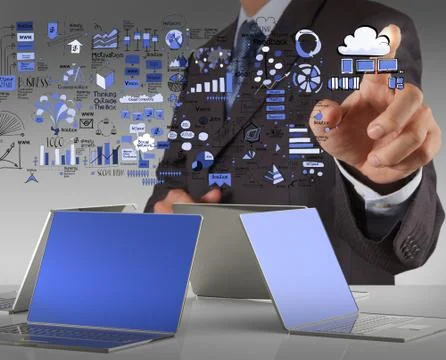Businessman working with a cloud computing diagram on the new computer interf Stock Illustration