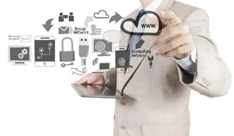 Businessman working with a cloud computing diagram on the new computer interf Stock Illustration