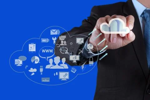 Businessman working with a cloud computing diagram on the new computer interf Illustrazione stock