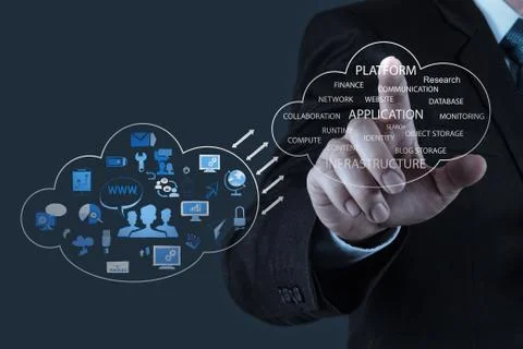 Businessman working with a cloud computing diagram on the new computer interf Stock Illustration