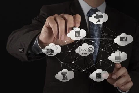 Businessman working with a cloud computing diagram on the new computer interf Stock Illustration