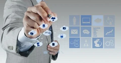 Businessman working with a cloud computing diagram on the new computer interf 스톡 일러스트