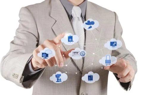 Businessman working with a cloud computing diagram on the new computer interf Illustrazione stock