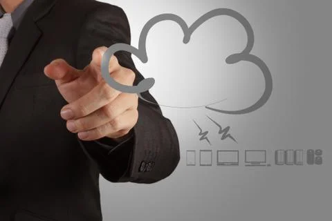 Businessman working with a cloud computing diagram on the new computer interf Stock Illustration