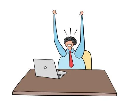 Businessman working on computer and happy, hand-drawn vector illustration. Bl Stock Illustration