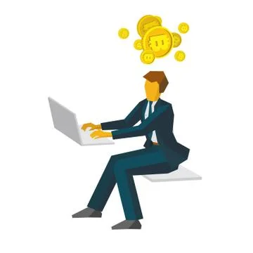 Businessman working on a computer and thinking about gold bitcoins Stock-Illustration
