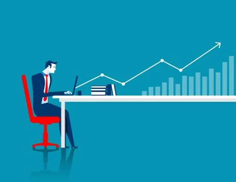 Businessman working at computer with arrow and chart Stock Illustration
