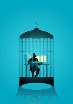 Businessman working on computer in the bird cage Stock Illustration