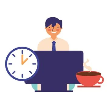 Businessman working computer clock and coffee Illustrazione stock