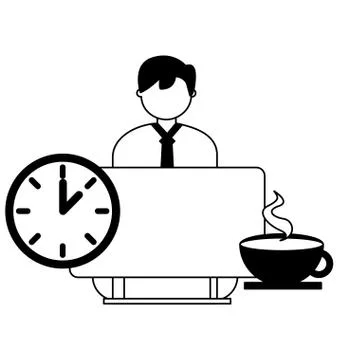 Businessman working computer clock and coffee Illustrazione stock