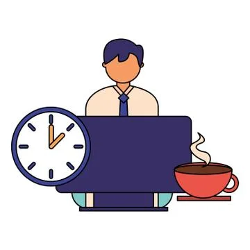 Businessman working computer clock and coffee Illustrazione stock