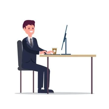 Businessman working with computer on desk vector illustration Stock Illustration