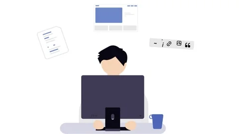 Businessman Working on Computer with Floating Office Icons Animation Vídeo Stock 330942385