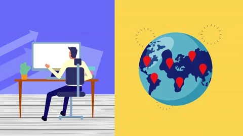 Businessman working on computer with global world map pins representing int.. Stock Footage 338318866