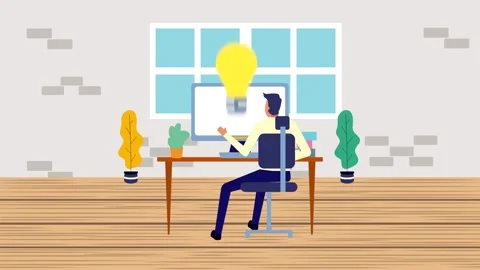 Businessman working on computer in home office animation with lightbulb ide.. Vidéo 333897759