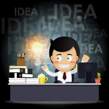 Businessman working on computer with idea bulb Stock Illustration
